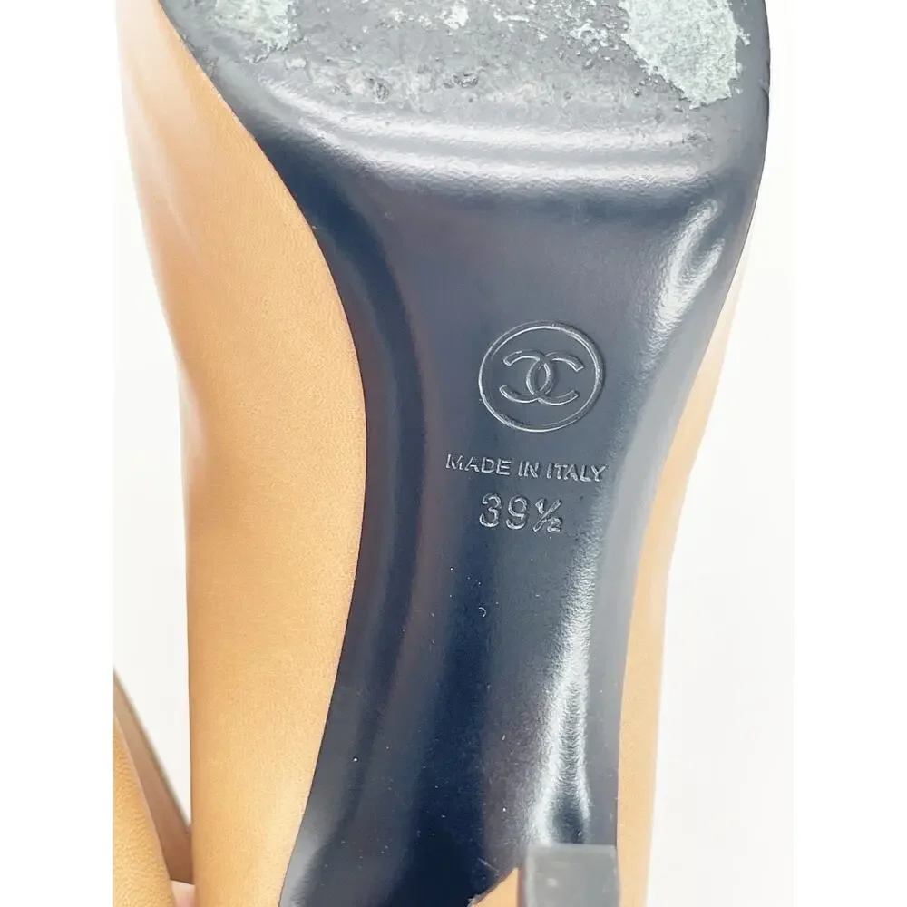 Chanel Tan and Black Leather Cap Toe Bow CC Logo Stiletto Ankle Booties EU 39.5